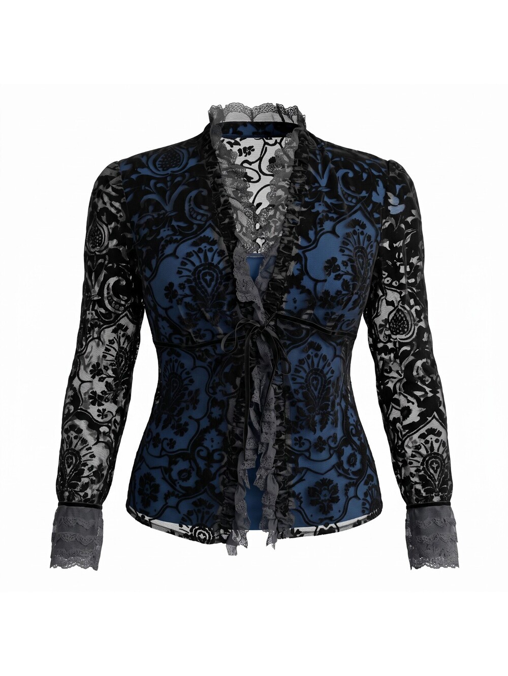 Women’s Black Lace Blue Damask Tie Front Blouse Y2K Whimsigoth Sheer Top